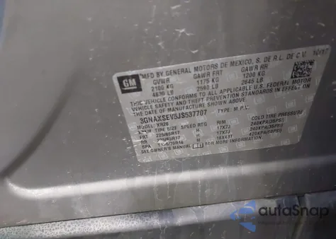 2018 Chevrolet Equinox Lt из США, поврежденный, VIN 3GNAXSEV5JS537707